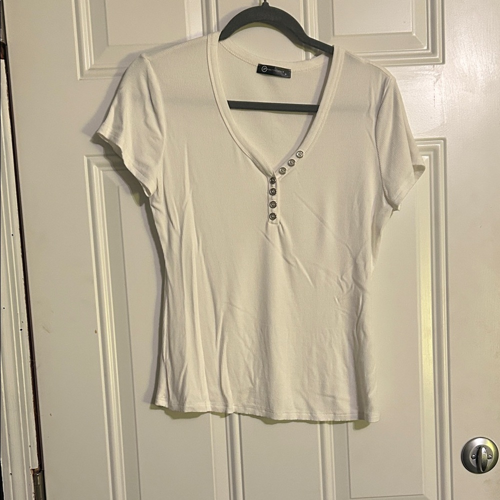 Elegant White Button-Accent Women's Tee